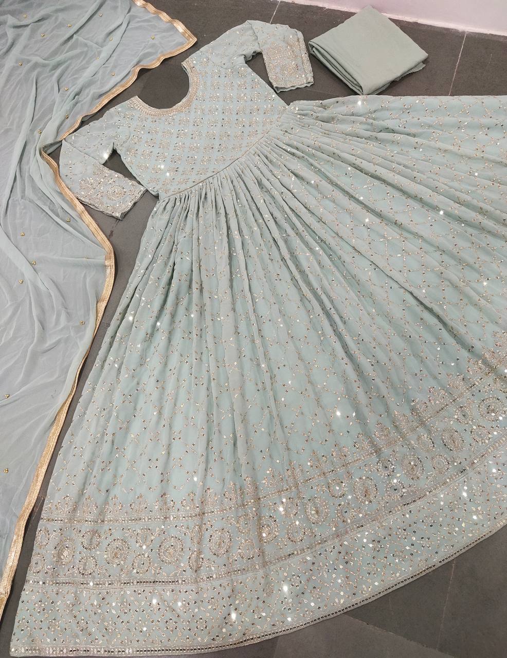 Gray Salwar Suit In Faux Georgette With Heavy Sequence Embroidery Work
