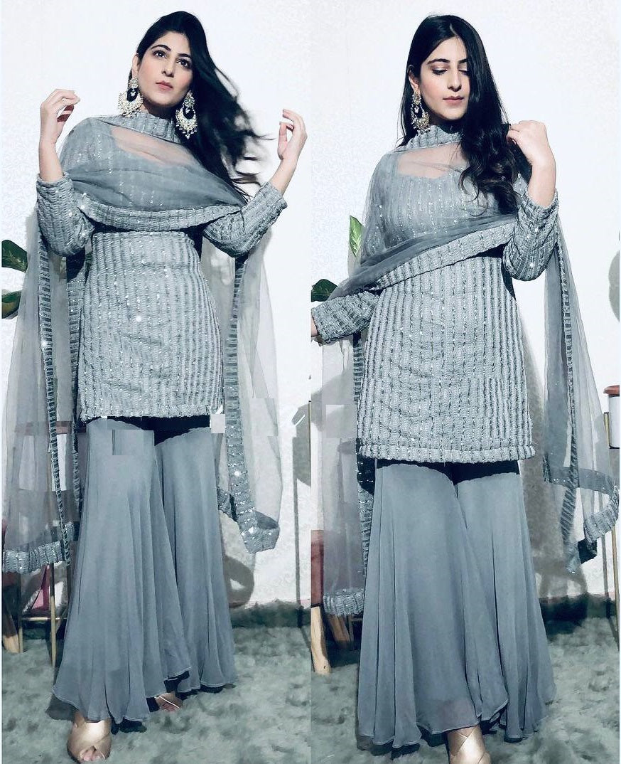 Gray Palazzo Suit In Fox Georgette With 5 MM Sequence Work