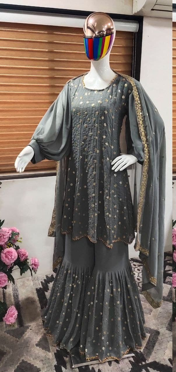 Gray Sharara Suit In Fox Georgette With Embroidery Work