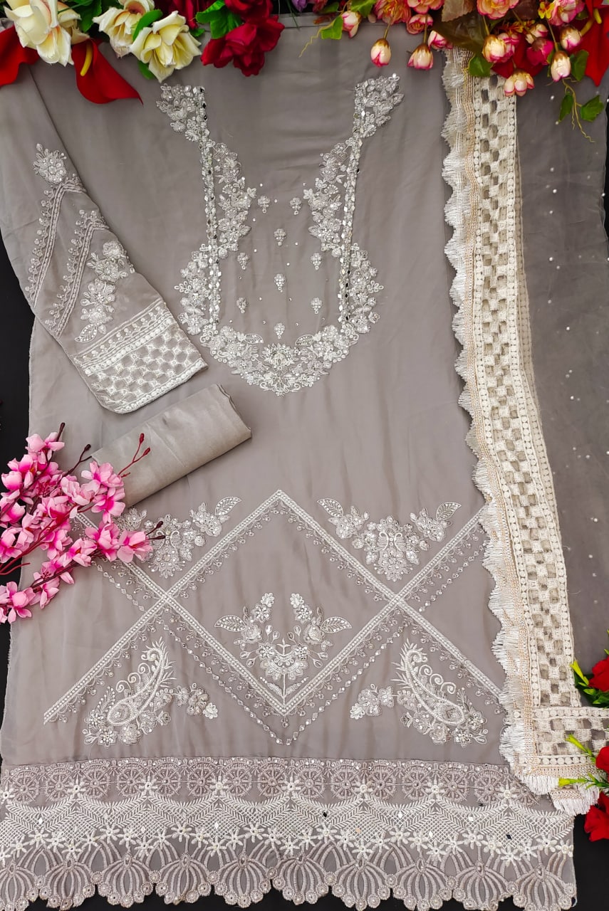 Gray Salwar Suit In Georgette Silk With Embroidery Work