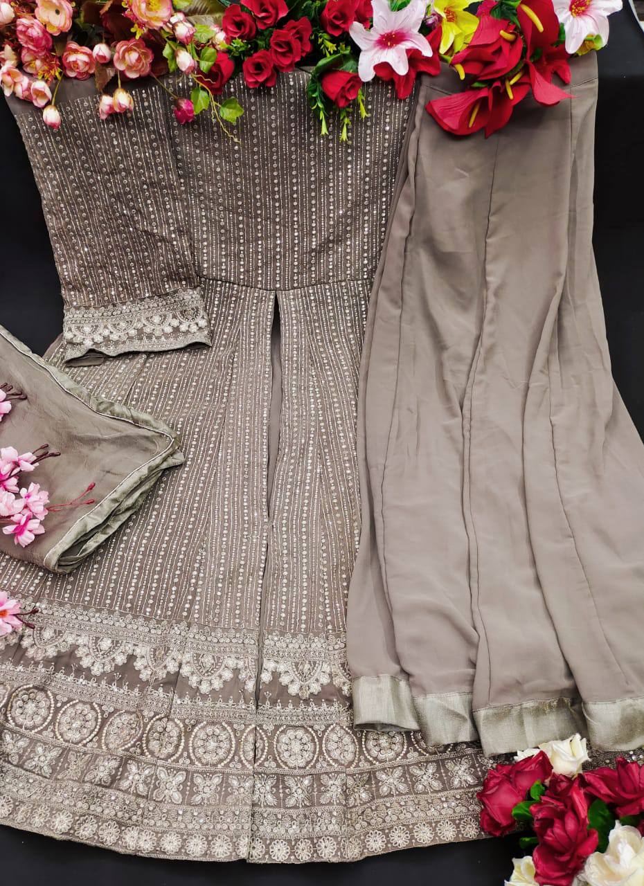 Gray Salwar Suit In Heavy Fox Georgette With Chain Stitch Work