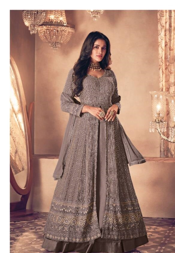 Gray Salwar Suit In Heavy Fox Georgette With Chain Stitch Work