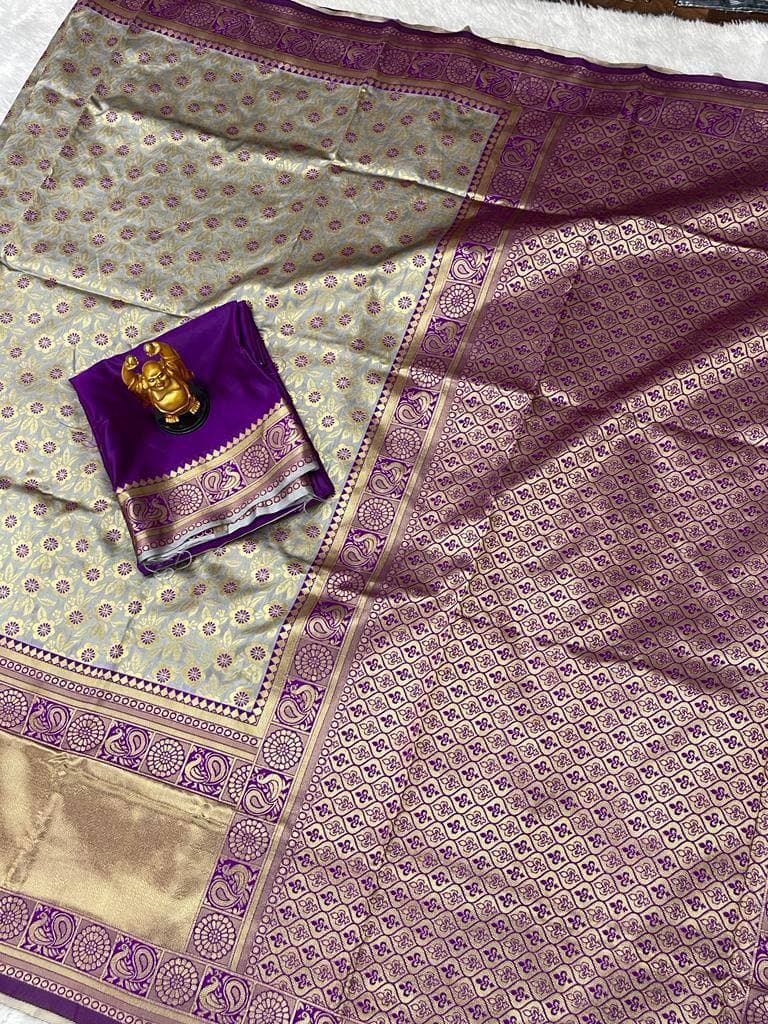 Gray Lichi Silk Zari Work Banarasi Saree