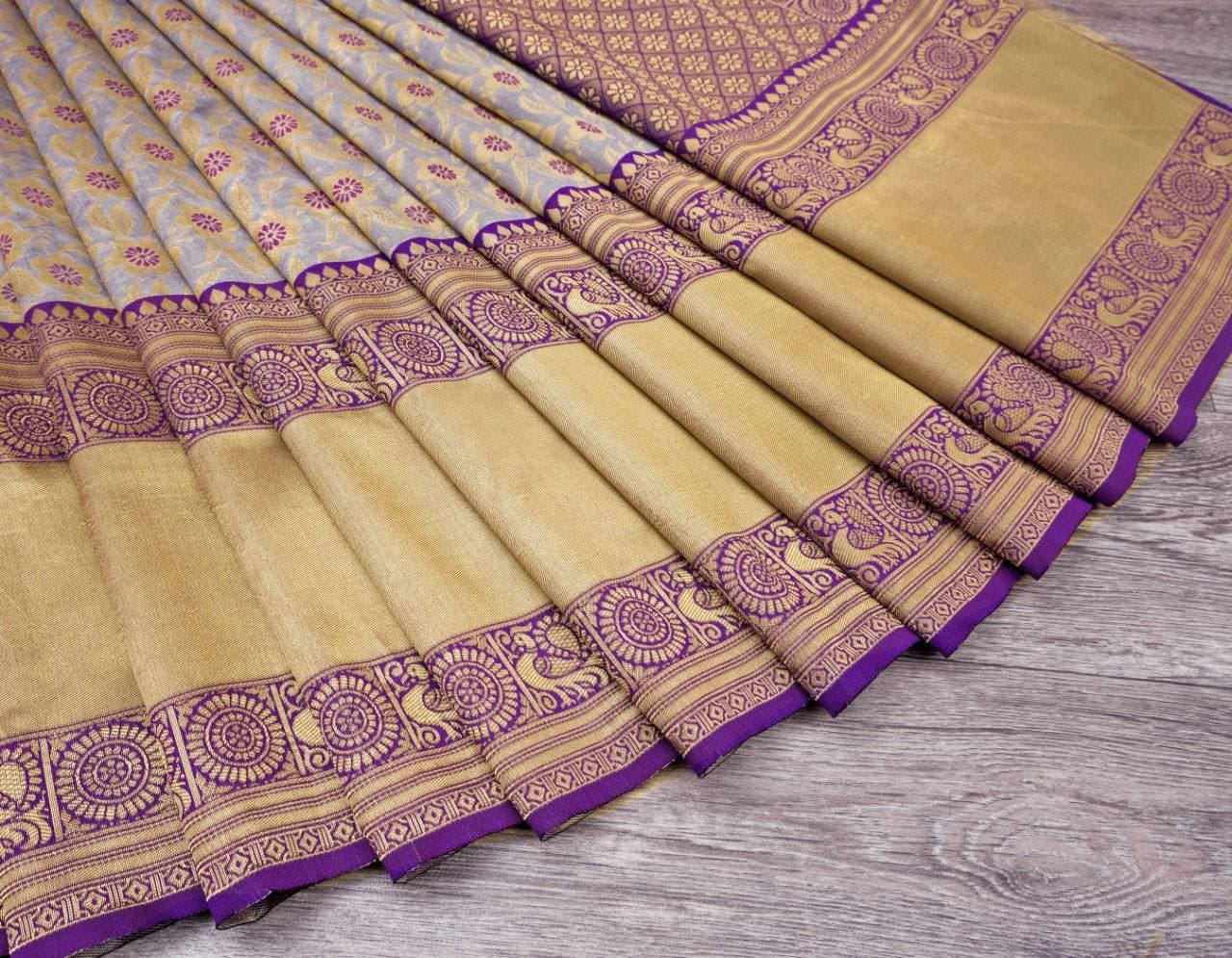 Gray Lichi Silk Zari Work Banarasi Saree