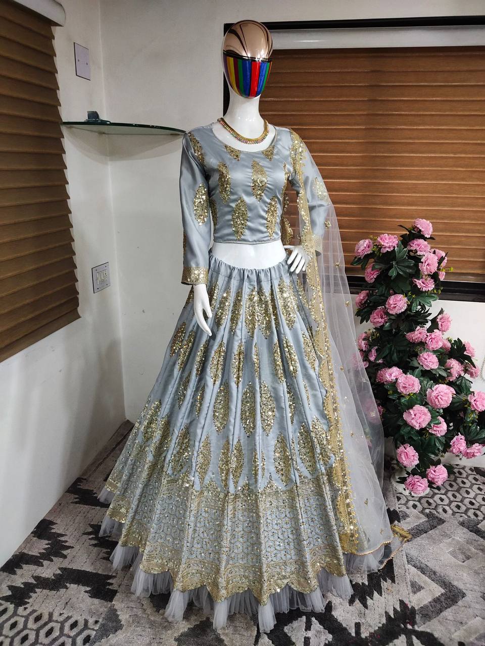 Gray Lehenga Choli In Malai Satin Silk With Embroidery Work