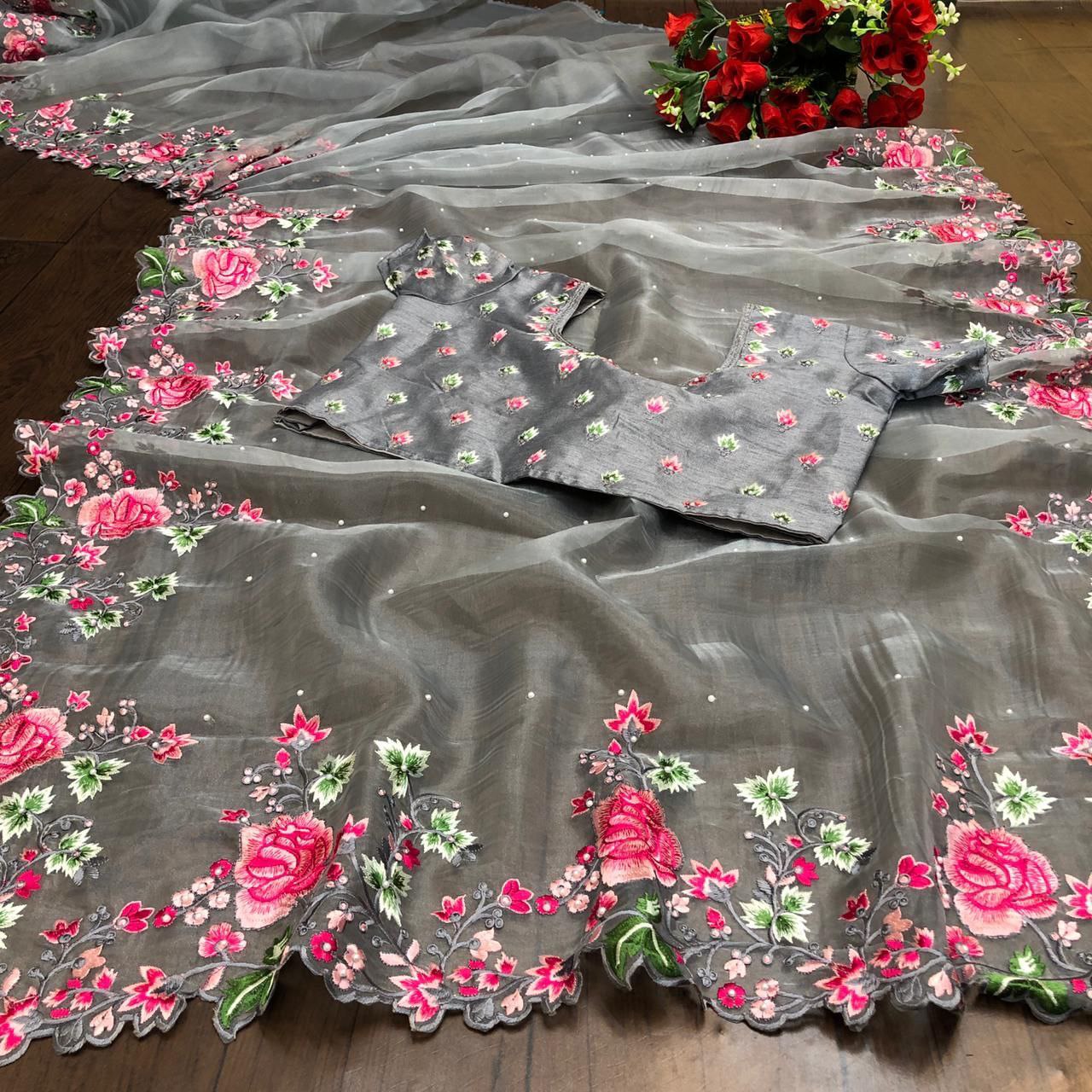 Gray Saree In Organza Silk With Embroidery Work