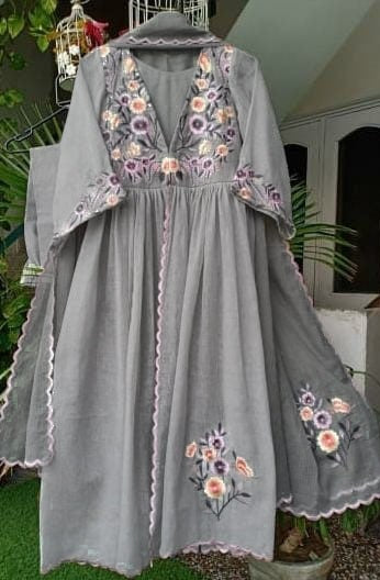 Gray Pure Cotton Thread Resham Work Gown