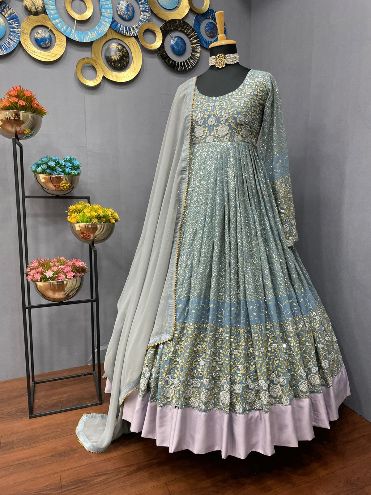 Gray Salwar Suit In Georgette With Sequence Embroidery Work