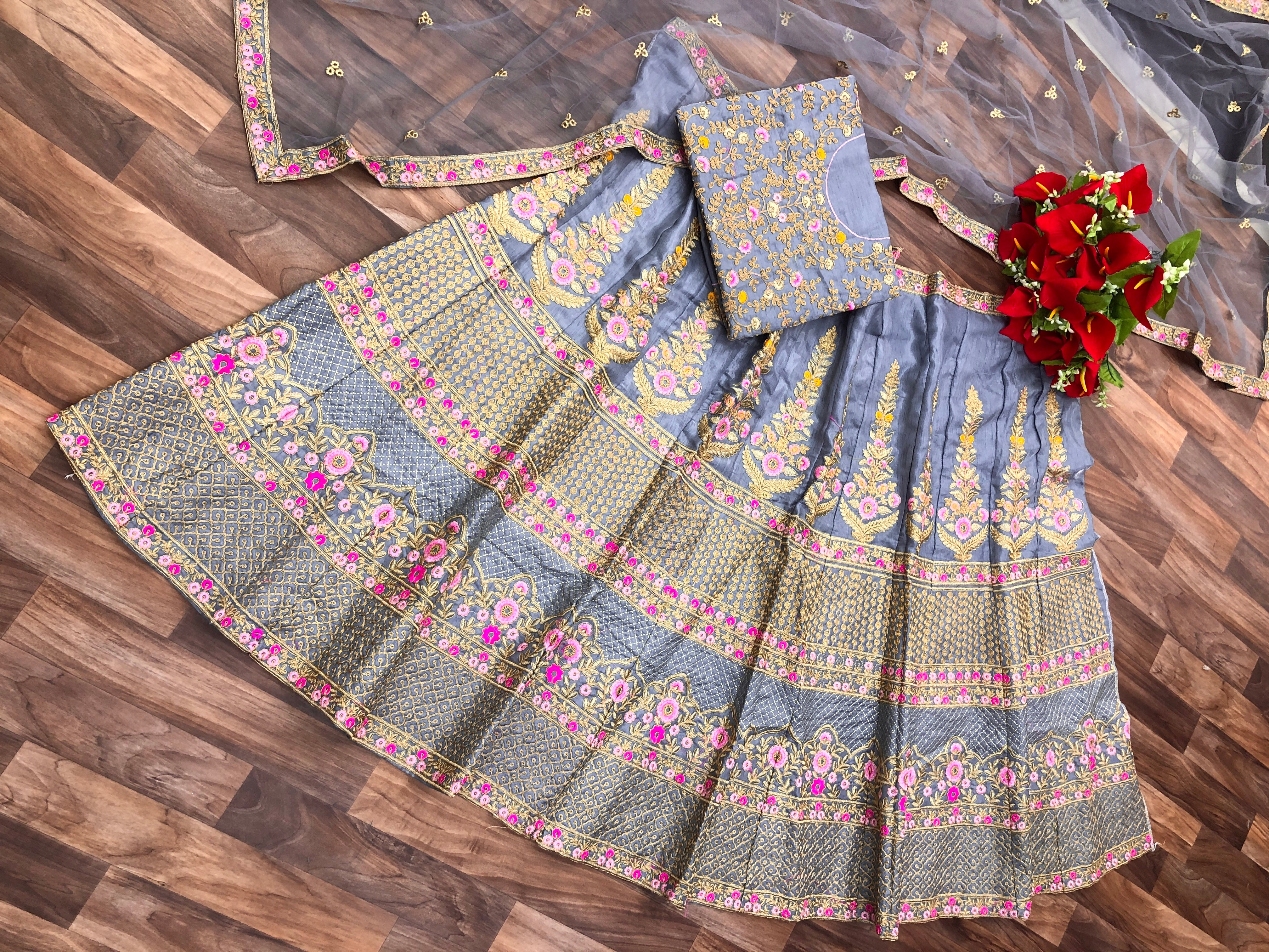 Gray Lehenga Choli In Satin Banglory Silk With Fancy Thread Work