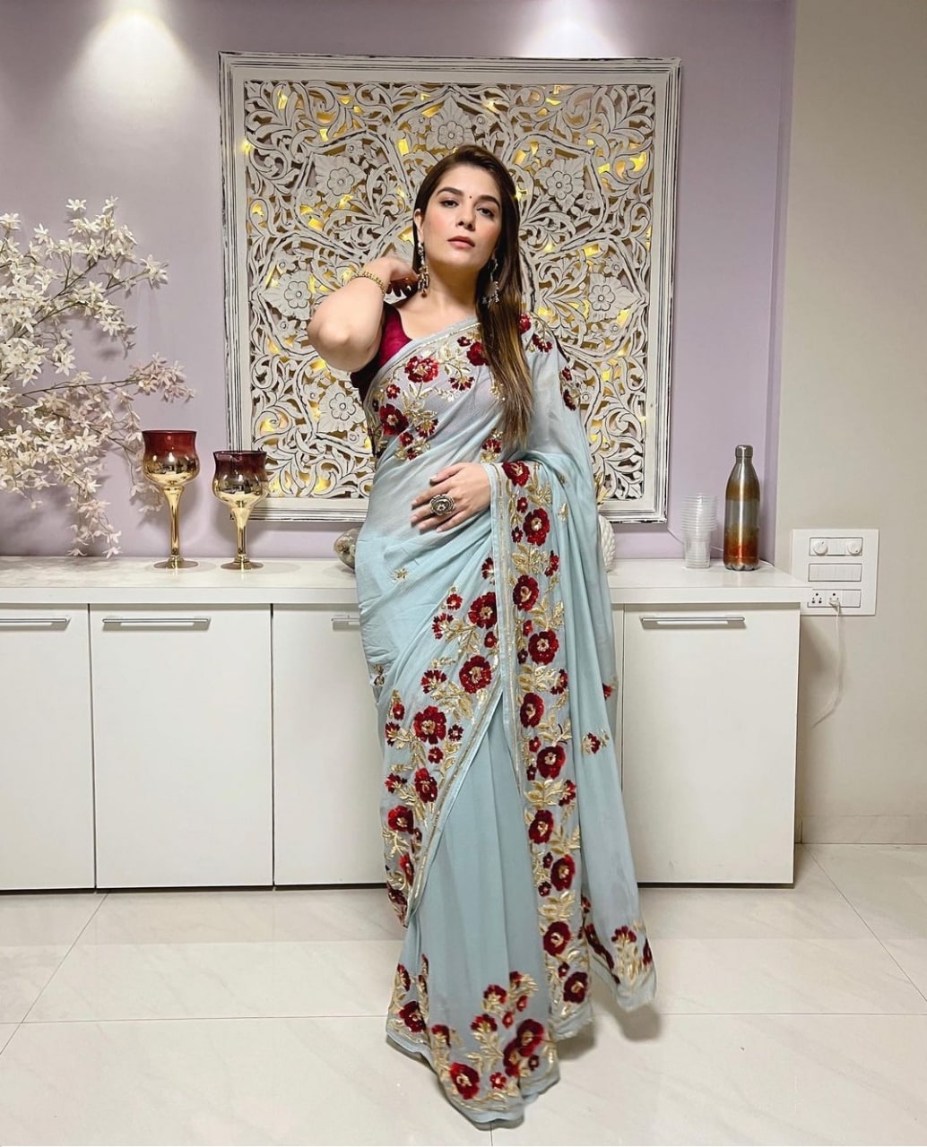 Gray Saree In Slub Silk With Sequence Work