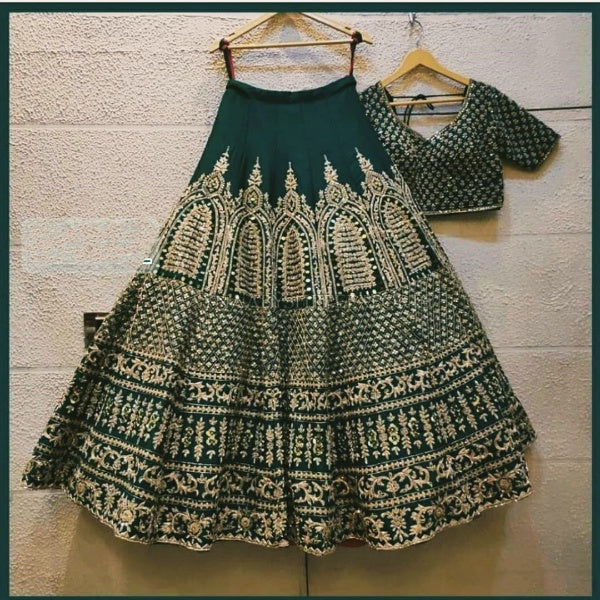 Green Lehenga Choli In Malai Satin Silk With Embroidery Work