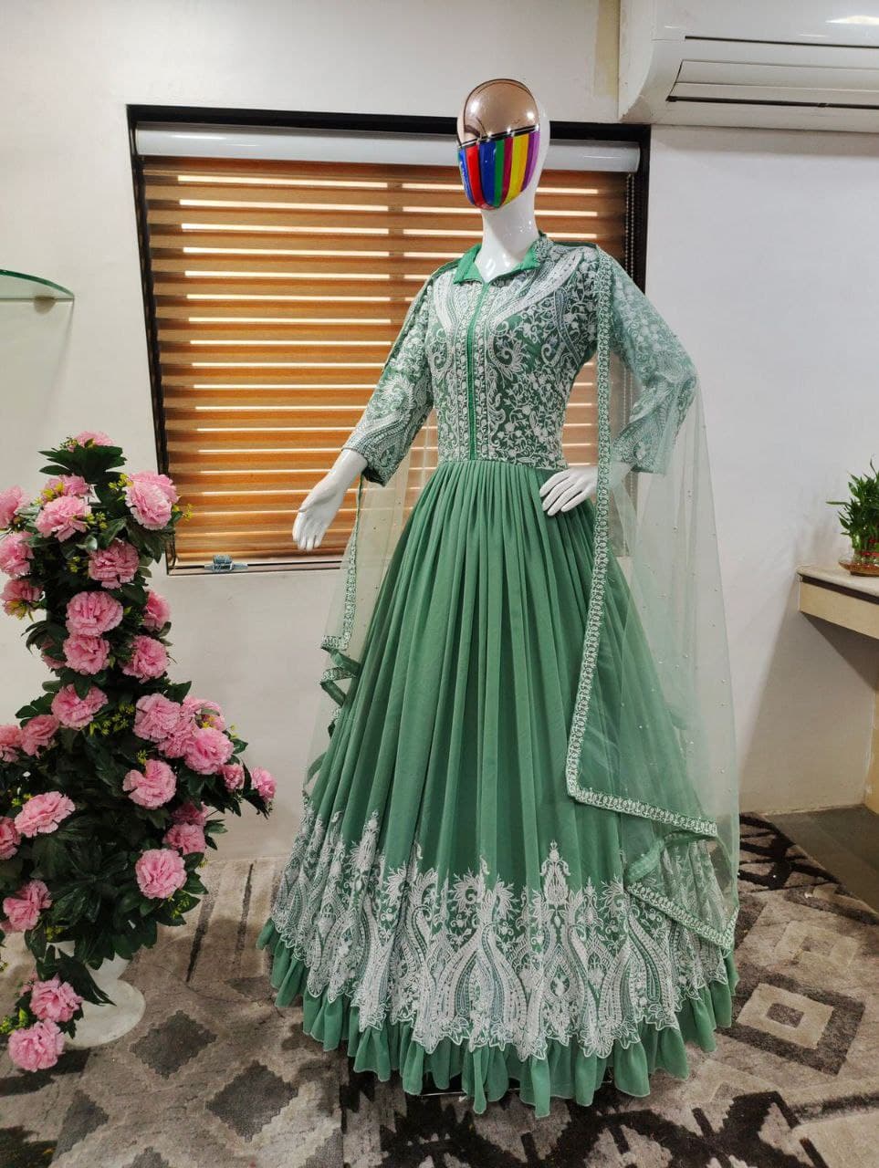 Green Gown In Blooming Fox Georgette With Embroidery Work