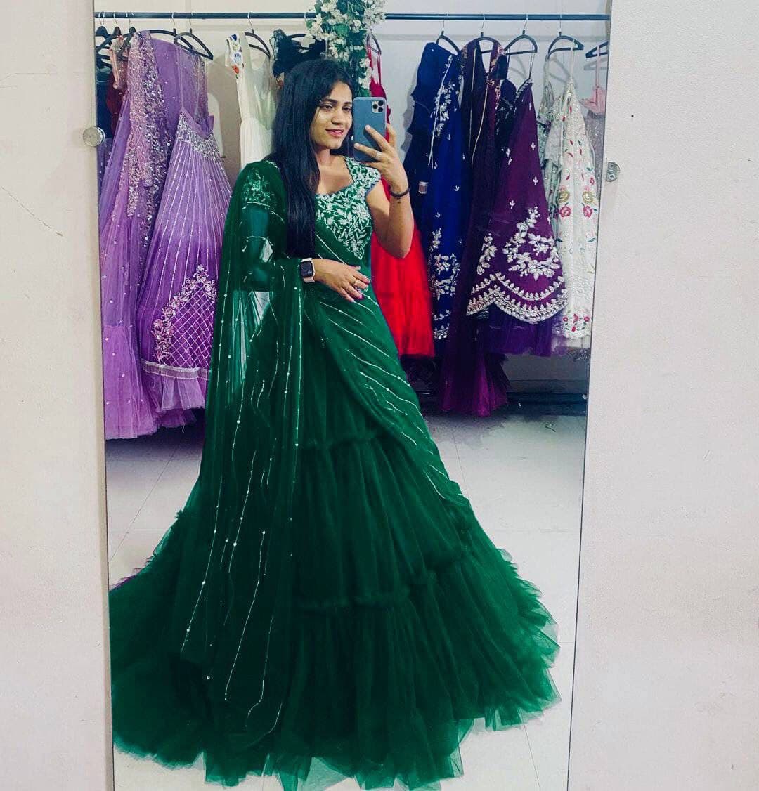 Green Lehenga Choli In Butterfly Mono Net With 3 Step Ruffles