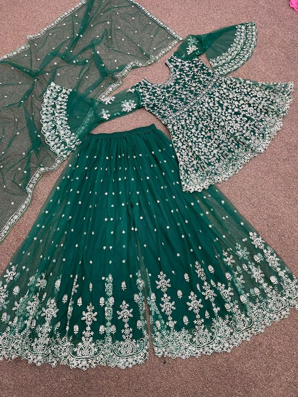 Green Sharara Suit In Butterfly Mono Net With Embroidery Work