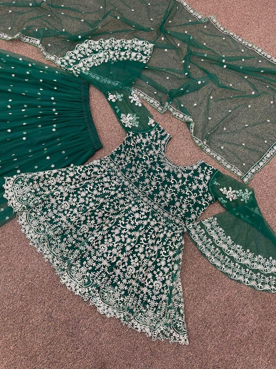 Green Sharara Suit In Butterfly Mono Net With Embroidery Work