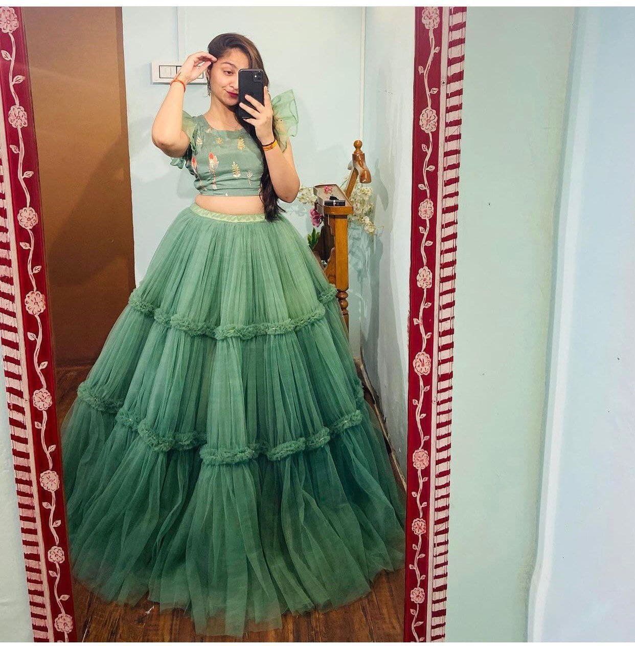 Green Lehenga Choli In Butterfly Mono Net With Ruffle Liyar Work