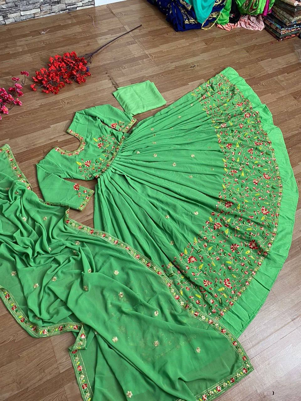 Green Anarkali Suit In Fox Georgette With Embroidery Work