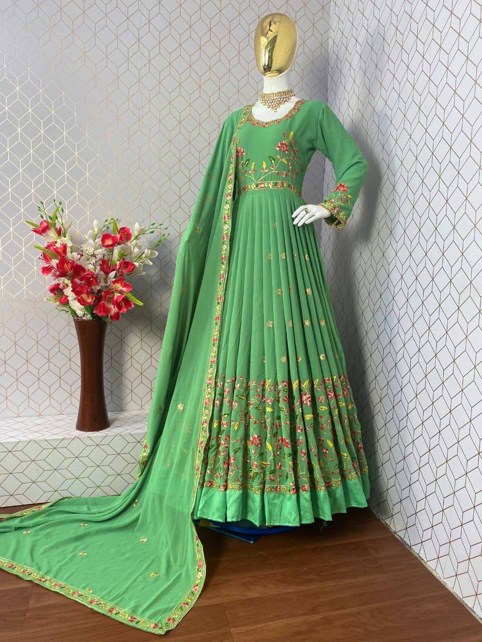 Green Anarkali Suit In Fox Georgette With Embroidery Work