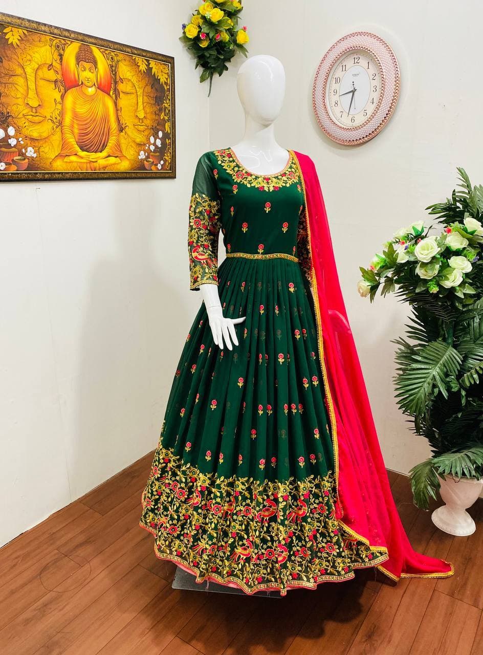 Green Gown In Fox Georgette With Embroidery Work