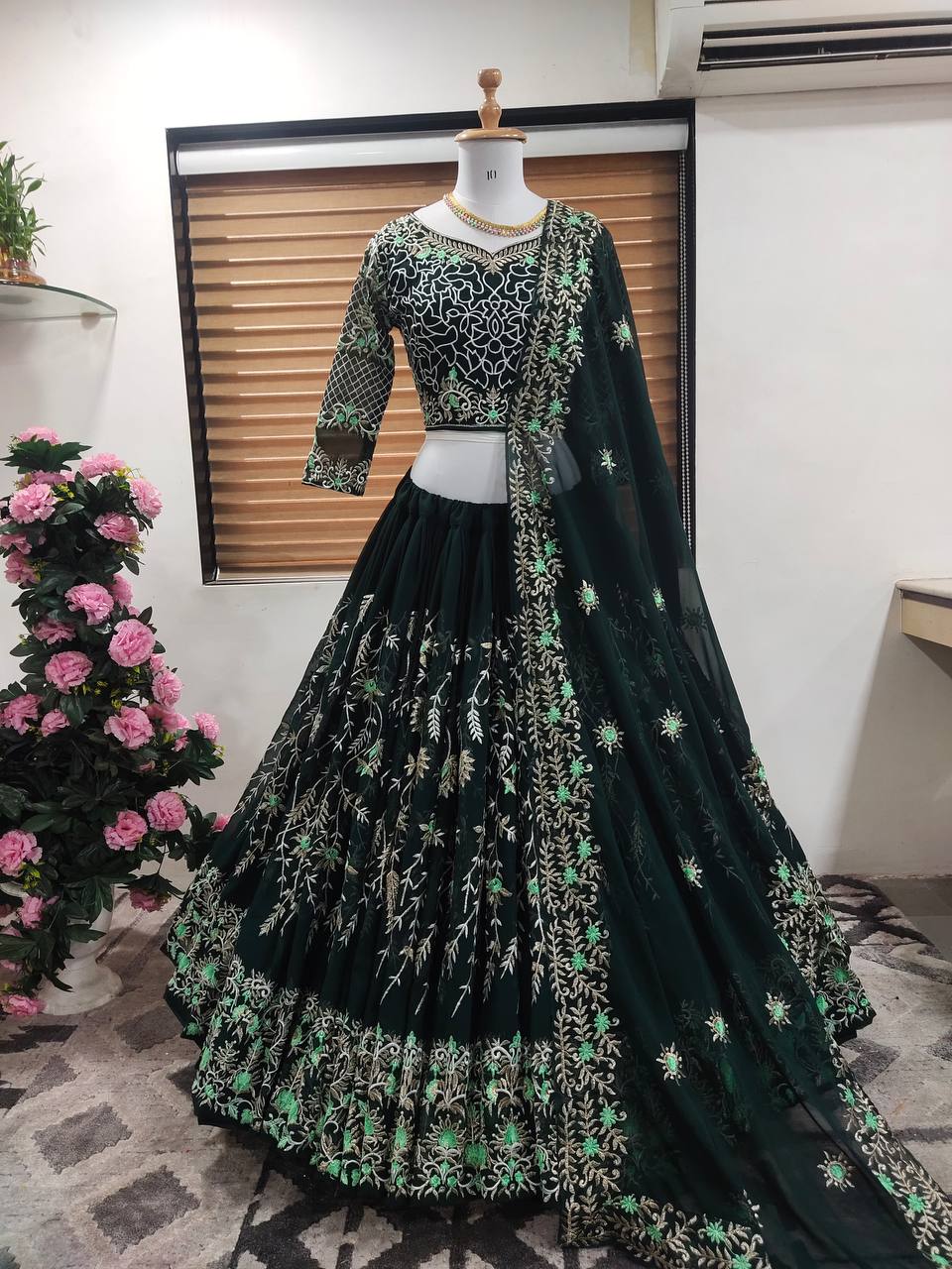 Green Lehenga Choli In Fox Georgette With Embroidery Work