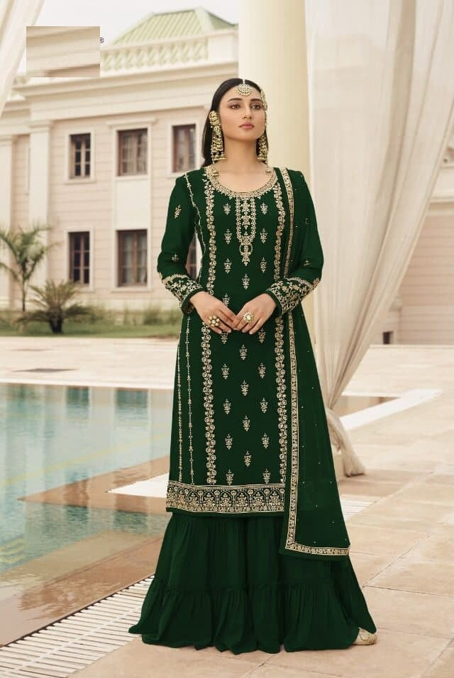 Green Sharara Suit In Fox Georgette With Embroidery Work