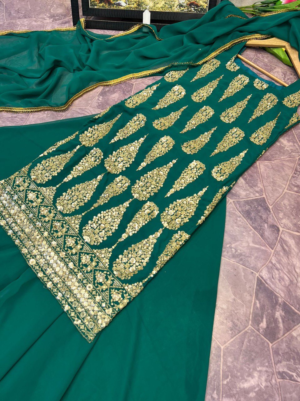 Green Sharara Suit In Fox Georgette With Embroidery Work