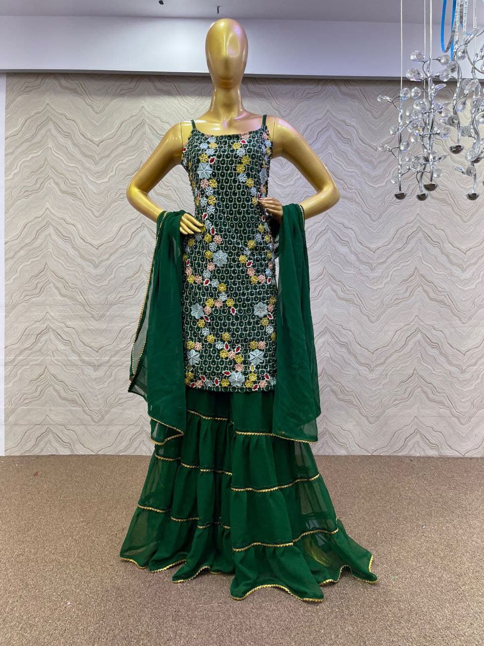 Green Sharara Suit In Fox Georgette With Embroidery Work