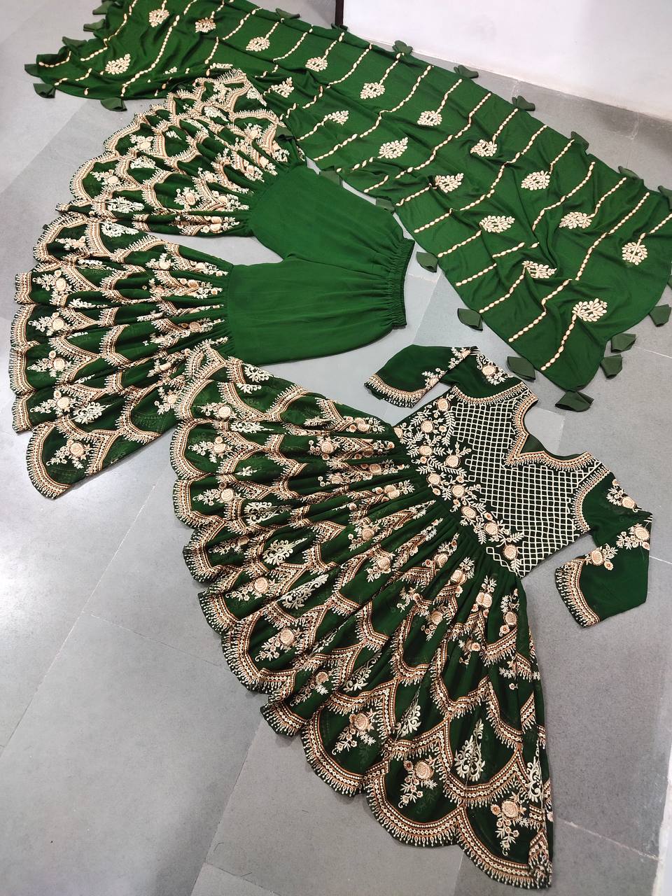 Green Sharara Suit In Fox Georgette With Embroidery Work