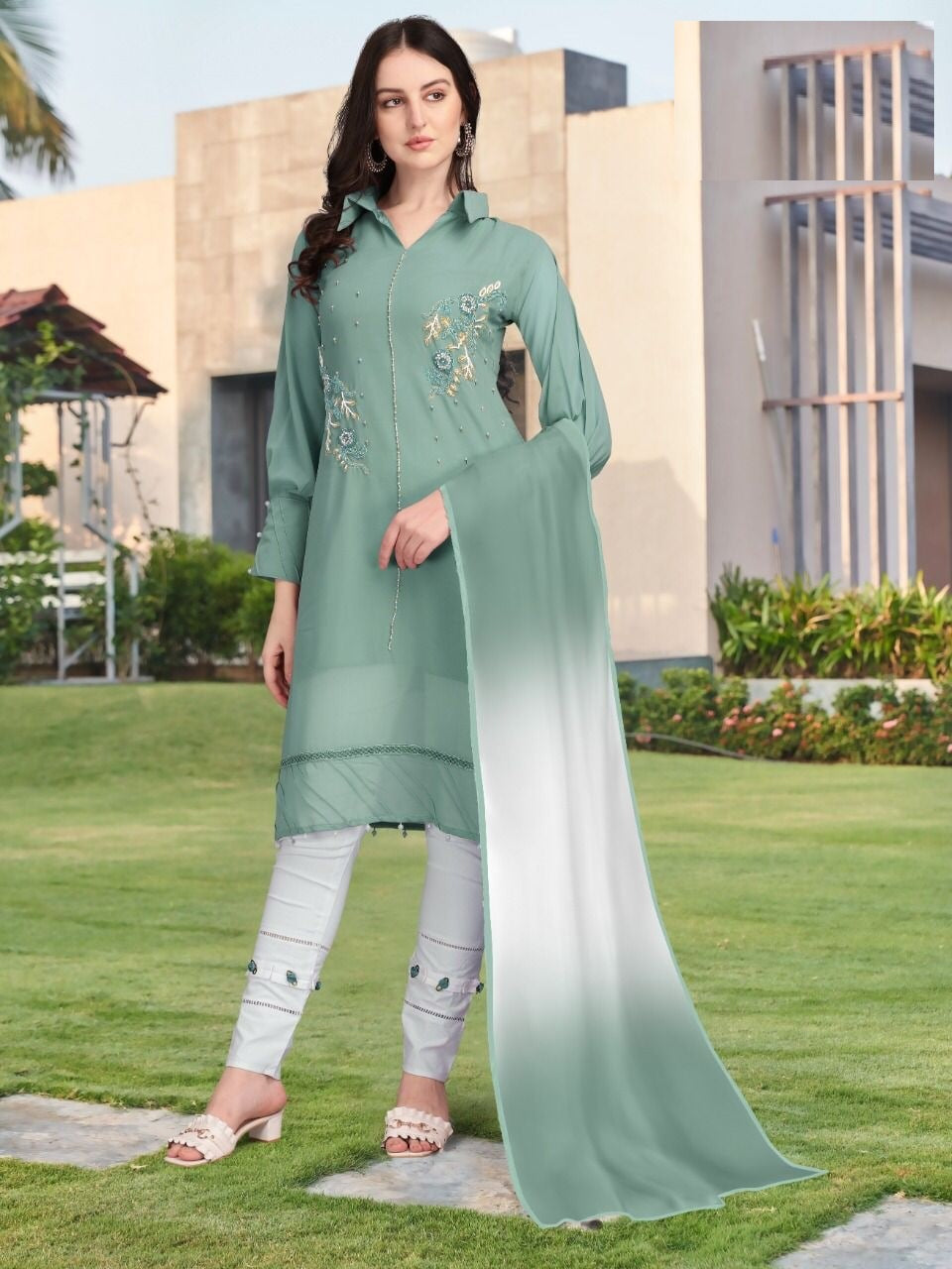 Green Salwar Suit In Fox Georgette With Hand Work