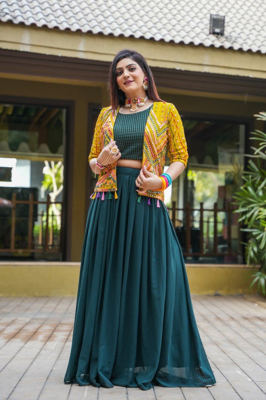 Green Lehenga Choli In Fox Georgette With Plain