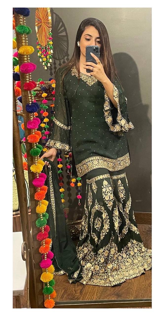 Green Sharara Suit In Georgette Silk With Chain Sequence Work