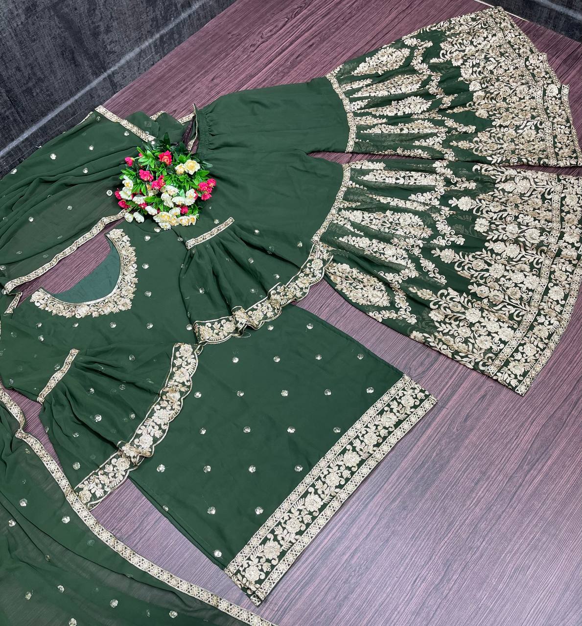 Green Sharara Suit In Georgette Silk With Chain Sequence Work