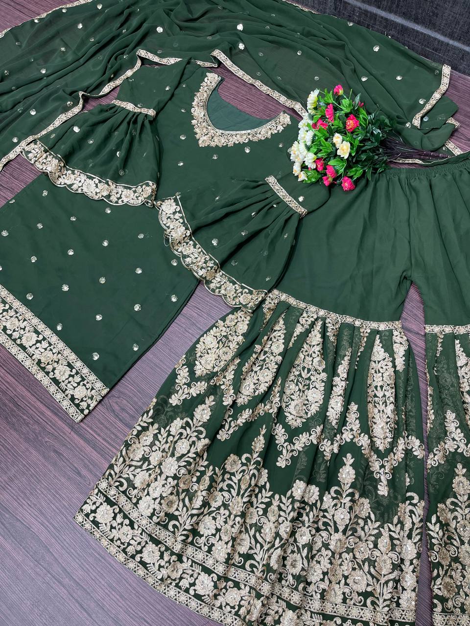 Green Sharara Suit In Georgette Silk With Chain Sequence Work