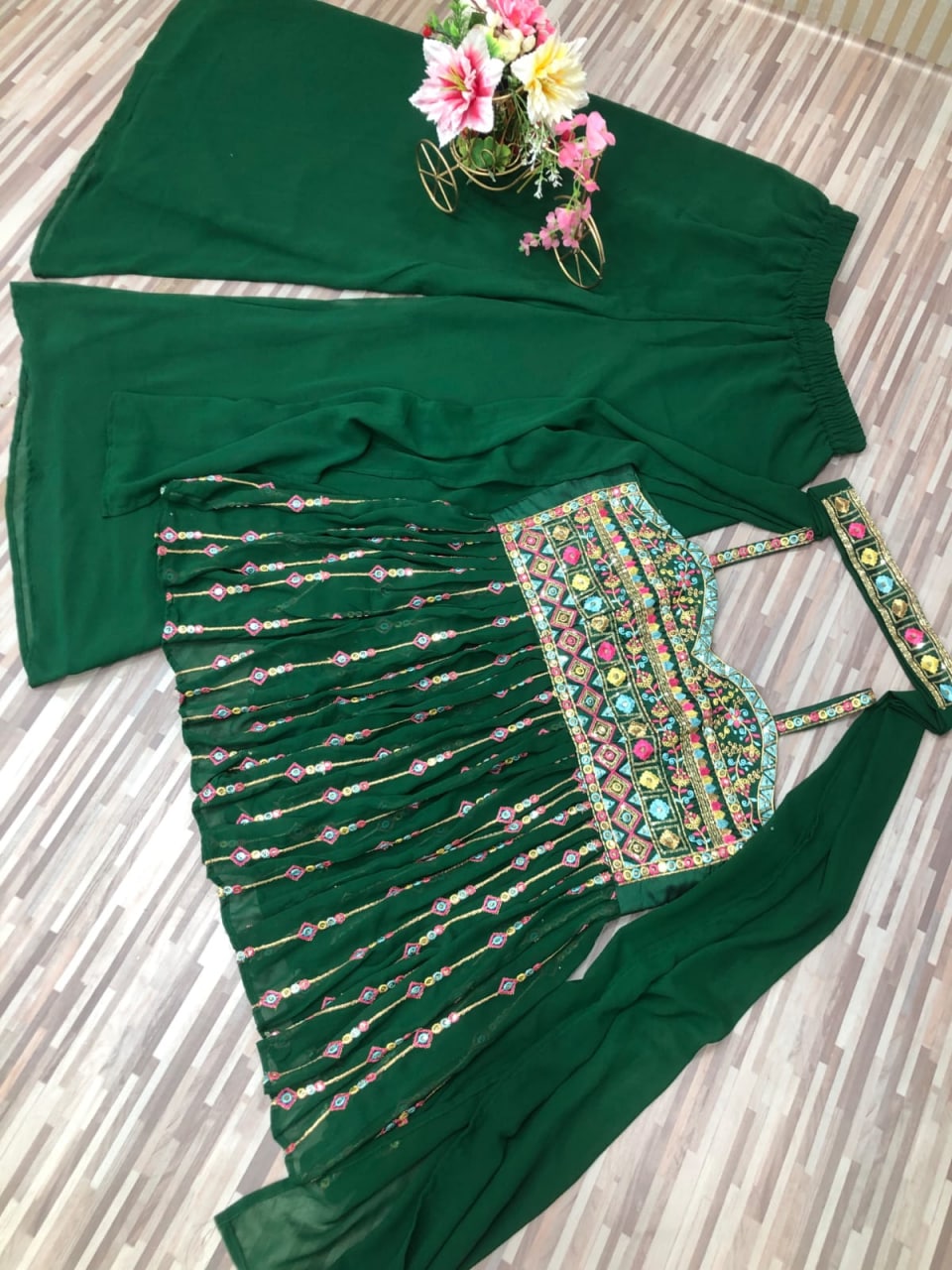 Green Sharara Suit In Georgette Silk With Embroidery Work