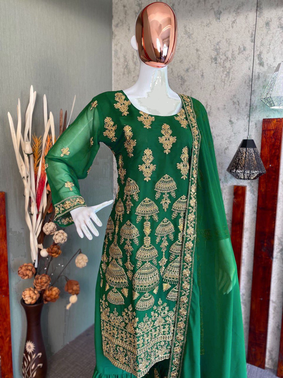 Green Sharara Suit In Georgette Silk With Embroidery Work