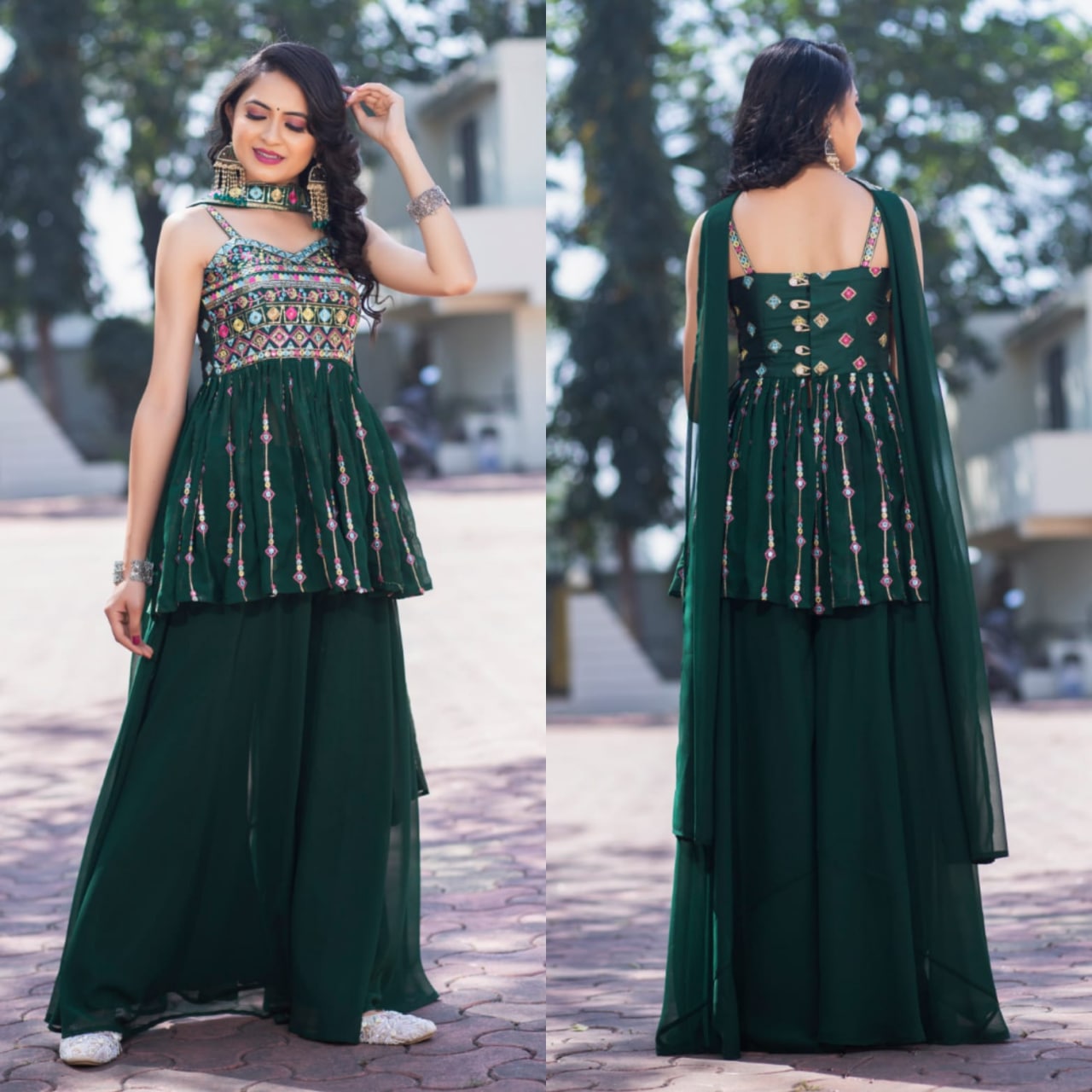 Green Sharara Suit In Georgette Silk With Embroidery Work