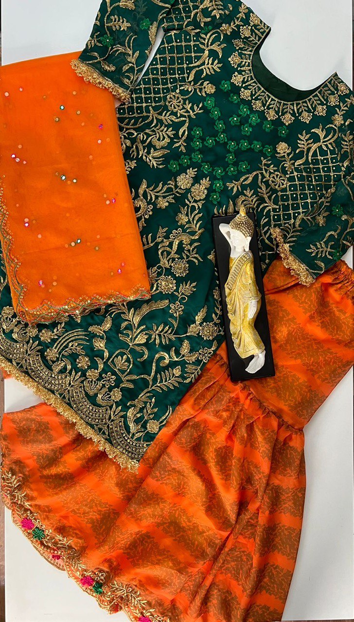 Green Sharara Suit In Georgette Silk With Embroidery Work