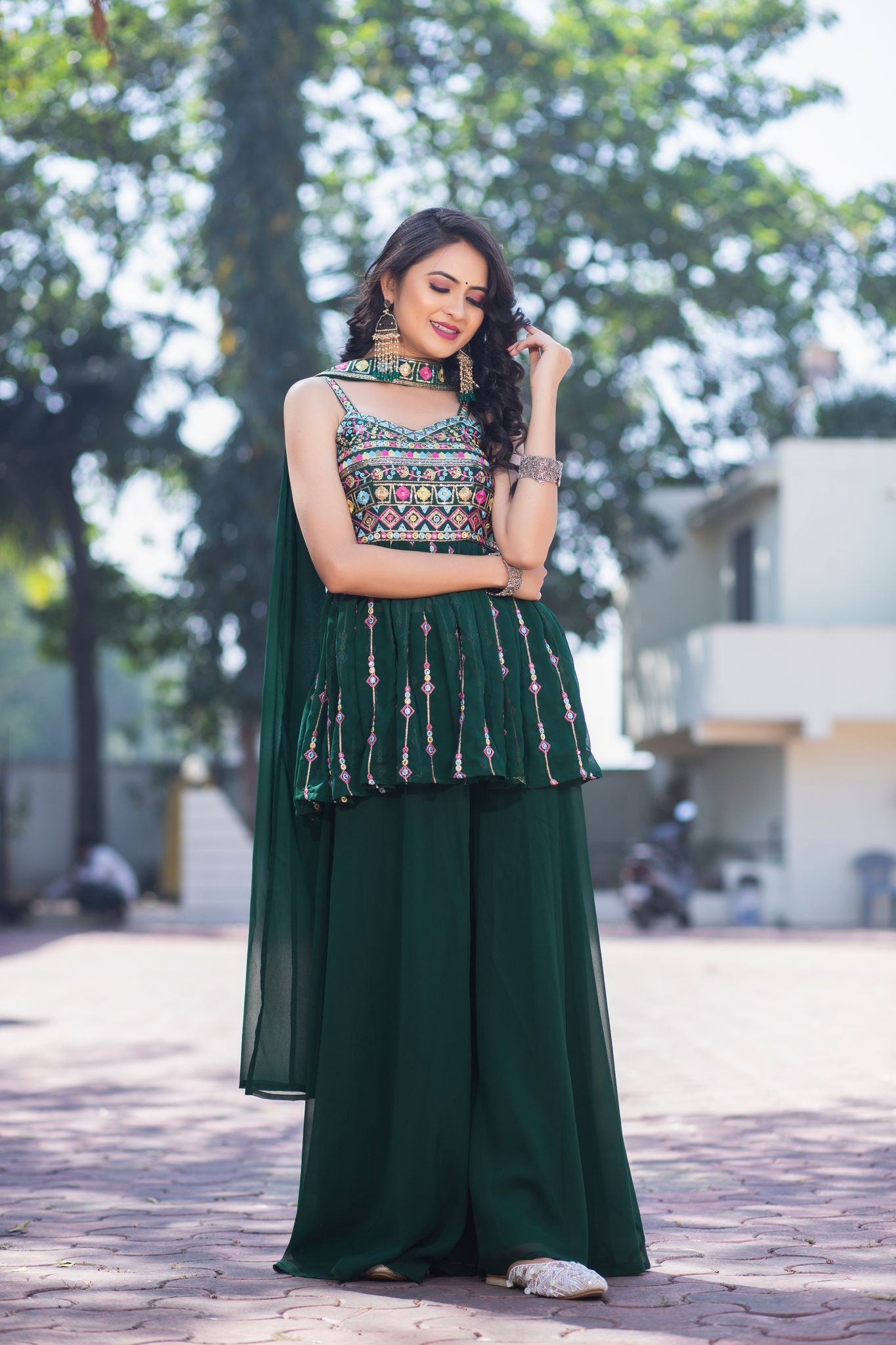 Green Sharara Suit In Georgette Silk With Embroidery Work