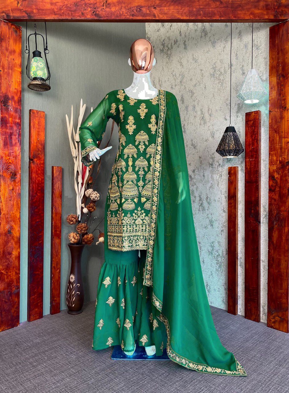 Green Sharara Suit In Georgette Silk With Embroidery Work