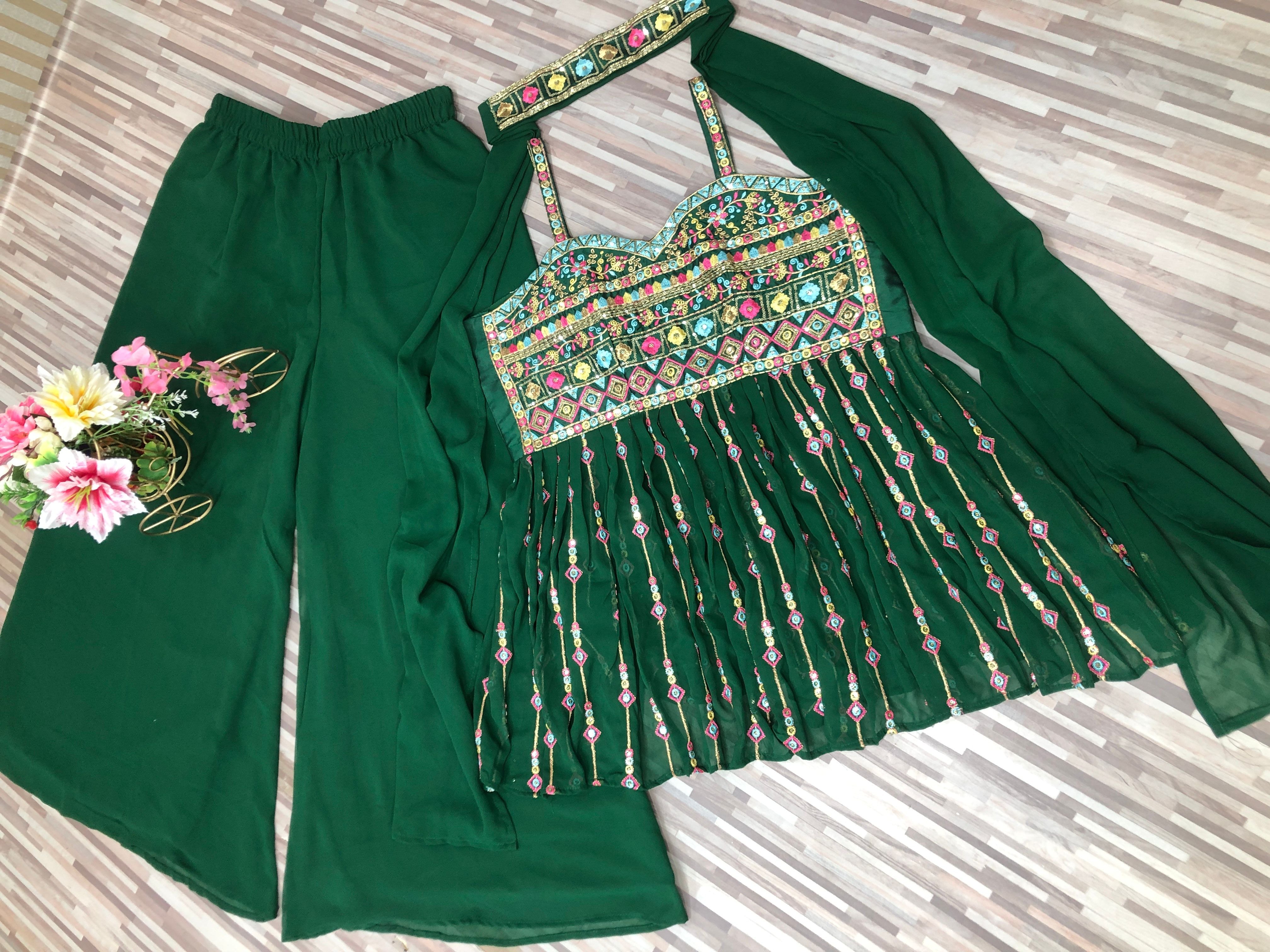 Green Sharara Suit In Georgette Silk With Embroidery Work