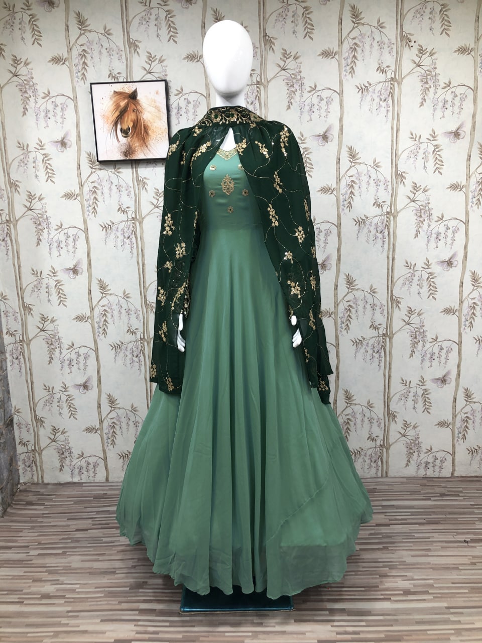 Green Georgette Silk Heavy Embroidery Work Gown