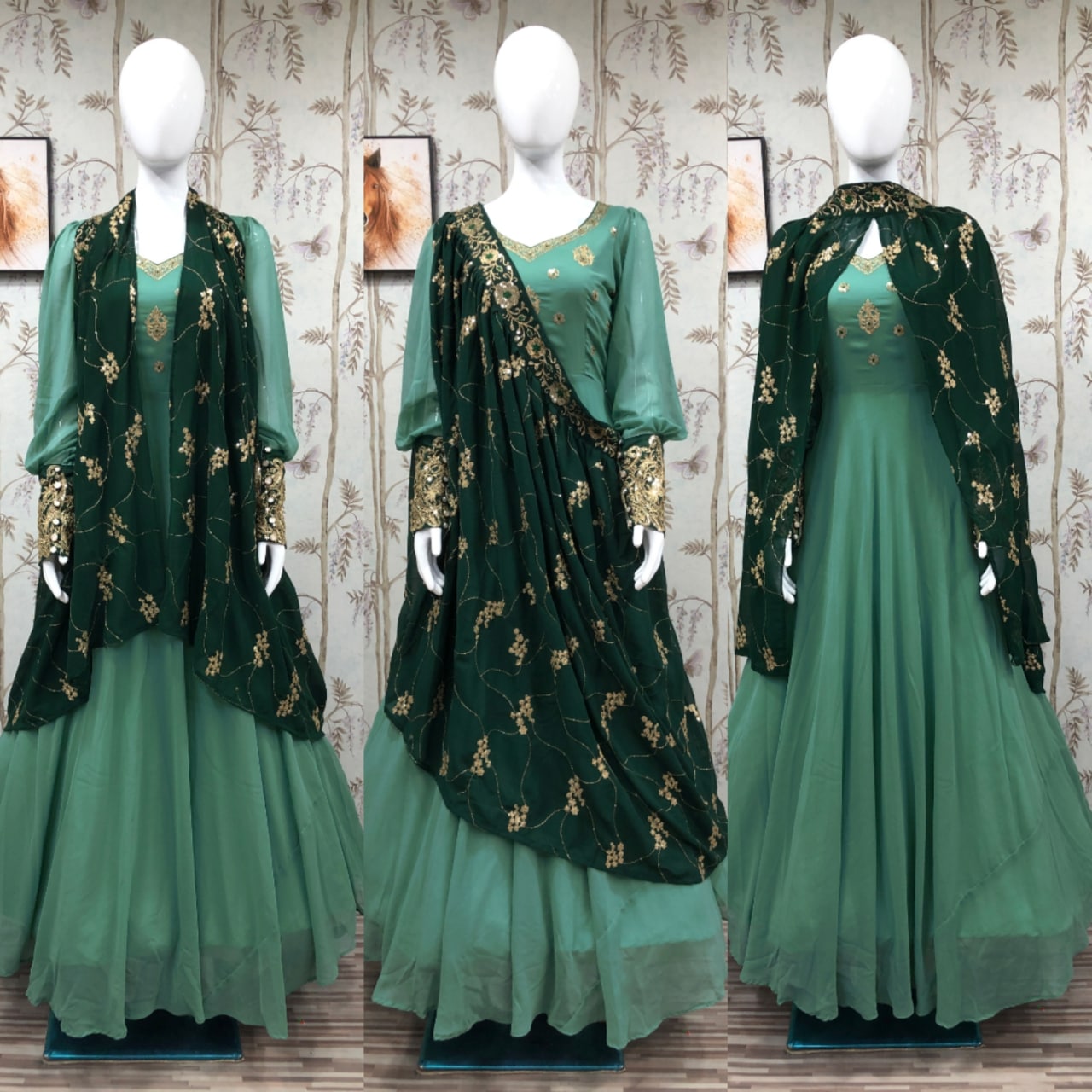 Green Georgette Silk Heavy Embroidery Work Gown