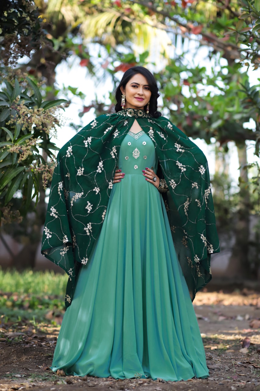 Green Georgette Silk Heavy Embroidery Work Gown