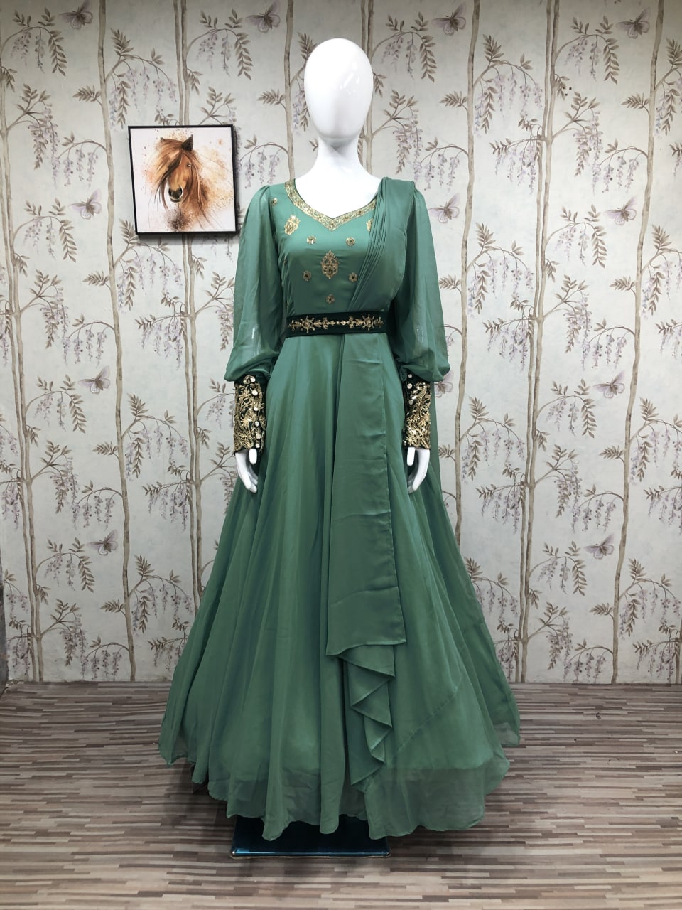 Green Georgette Silk Heavy Embroidery Work Gown