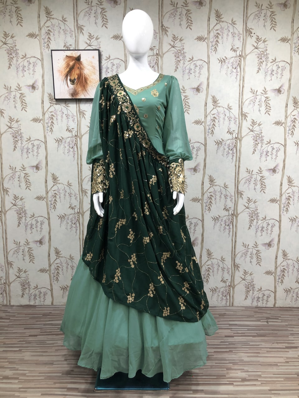 Green Georgette Silk Heavy Embroidery Work Gown