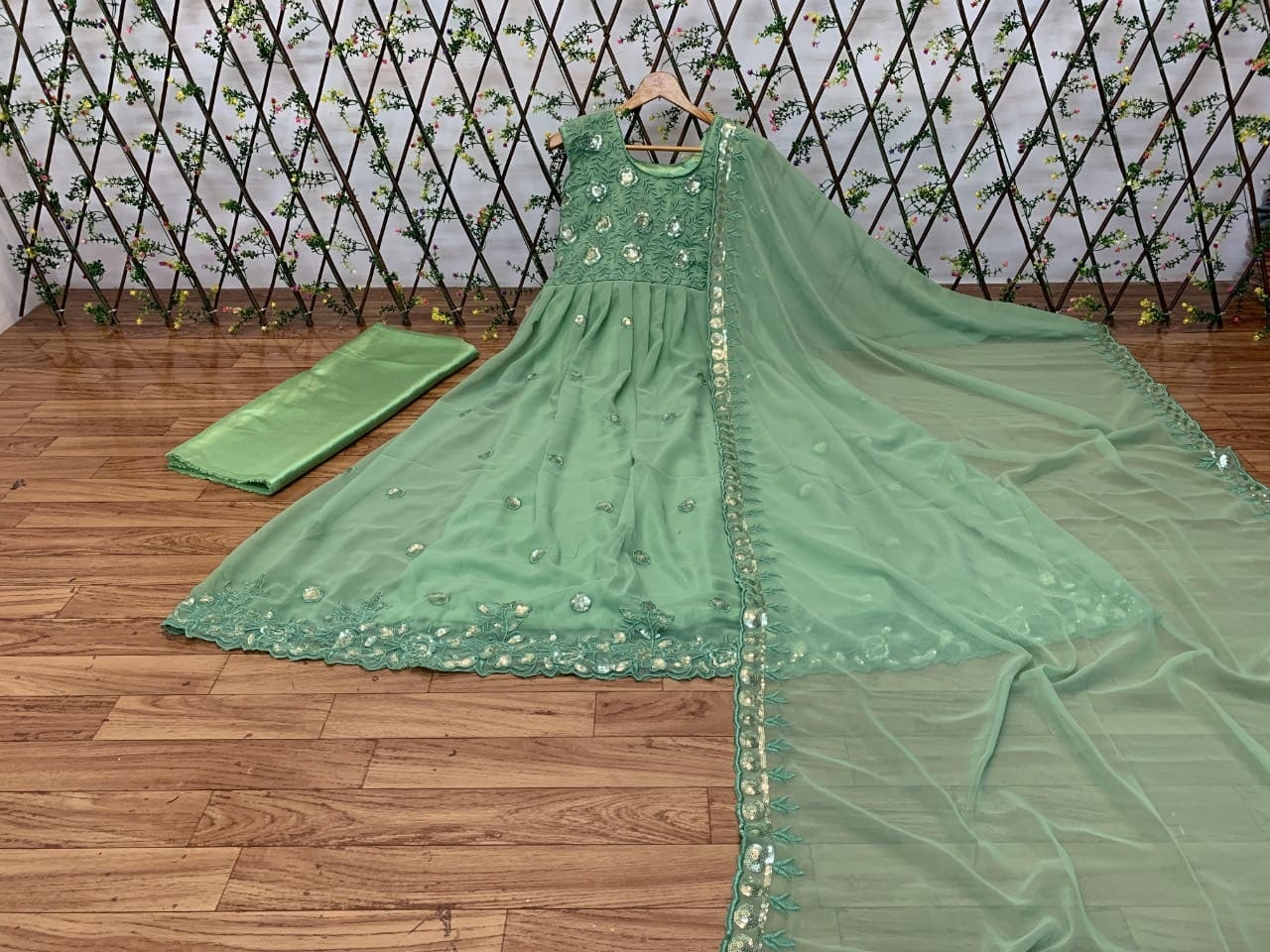 Green Georgette Silk Sequence Embroidery Work Gown