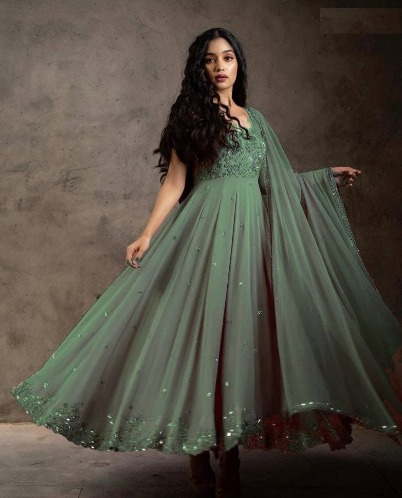 Green Georgette Silk Sequence Embroidery Work Gown