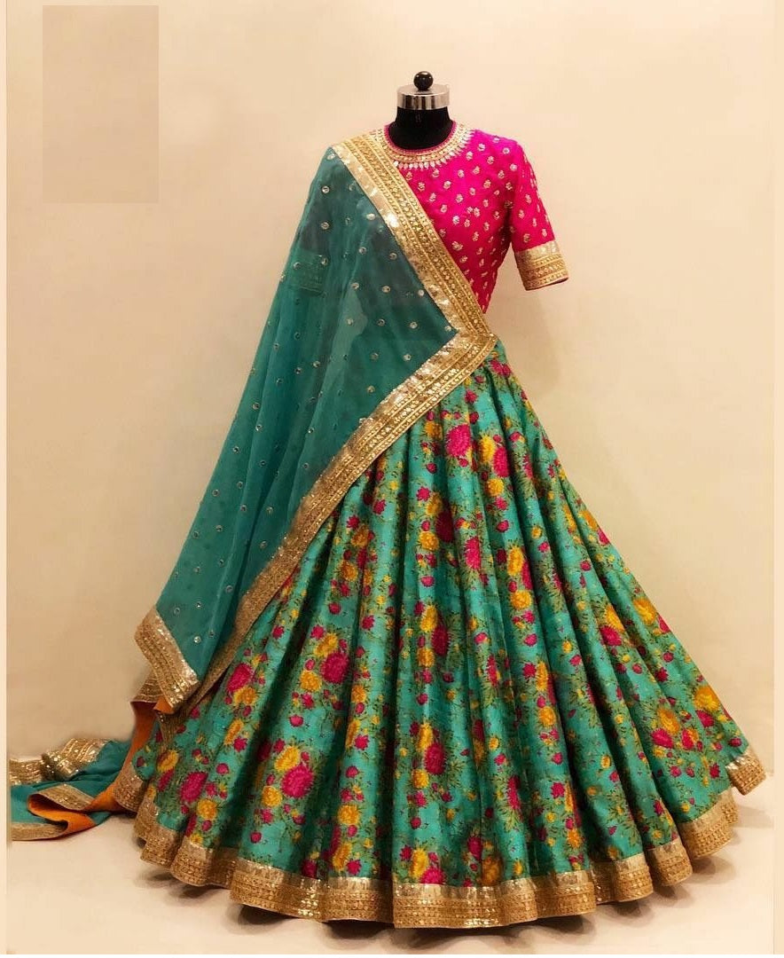 Green Lehenga Choli In Gota Silk With Digital Print