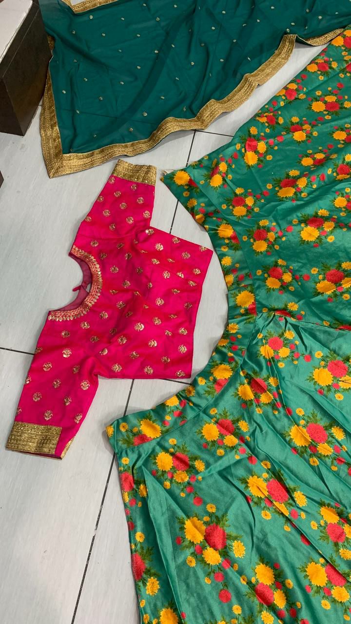 Green Lehenga Choli In Gota Silk With Digital Print