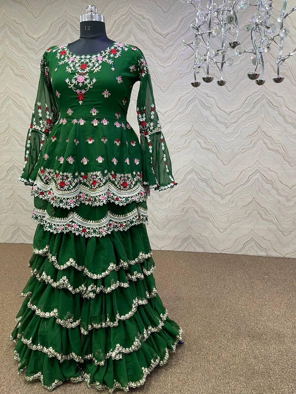 Green Sharara Suit In Heavy Faux Georgette Silk With Embroidery Work